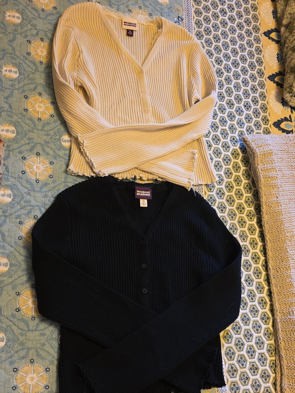 Weekend Academy Cream and Black Ribbed V-Neck Button Cardigans (Pair)